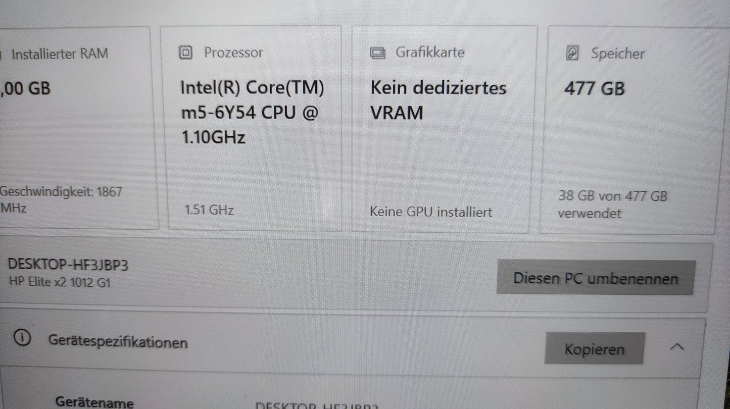 HP Elite x2 1012 G1 Tablet Touch 12" FHD 1920x1280 Intel M5-6Y54 8GB 512GB LTE
