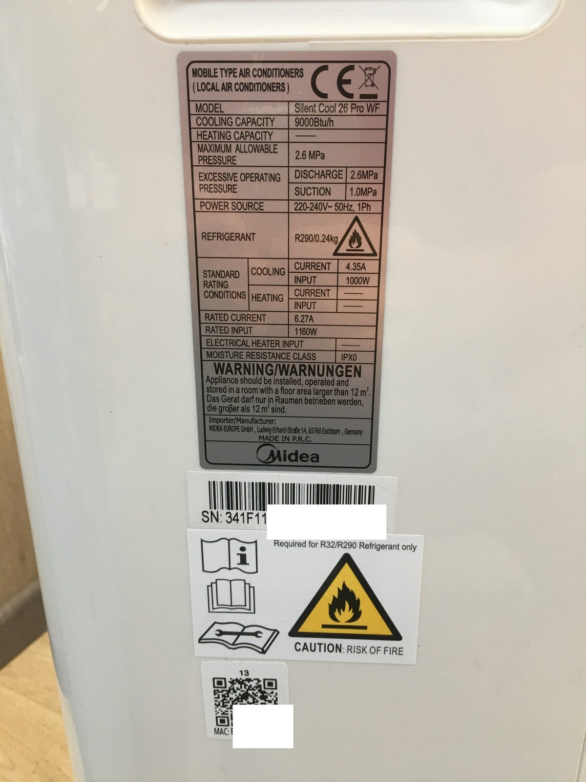 Midea Mobiles Klimagerät Silent Cool 26 Pro WF, 9000 BTU 2,6kW, EEK:A, I39005