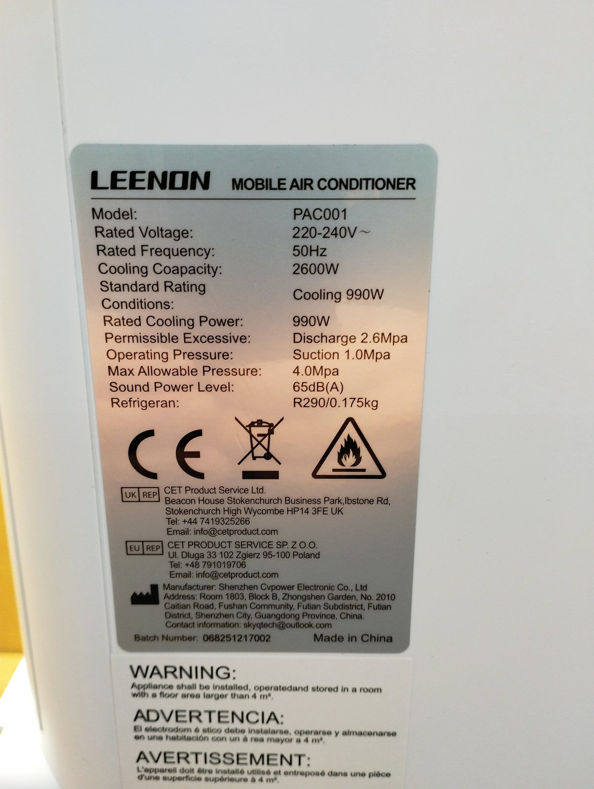 LEENON 4 in 1 mobile Klimaanlage PAC001 EEK: A 9.000 BTU I39623