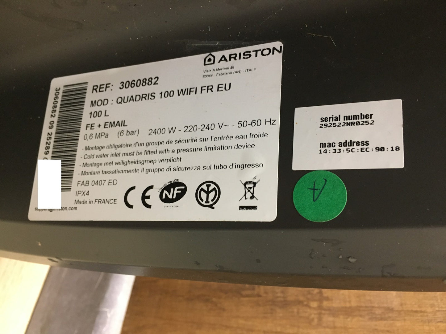 Ariston Quadris 100L WiFi FR EU Warmwasserspeicher 3060882, 100L, EEK:B, I36956