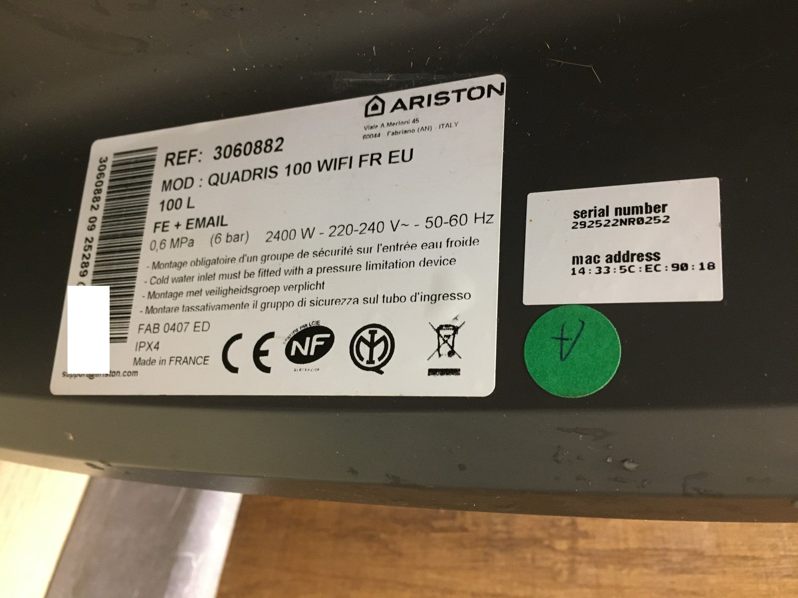 Ariston Quadris 100L WiFi FR EU Warmwasserspeicher 3060882, 100L, EEK:B, I36956