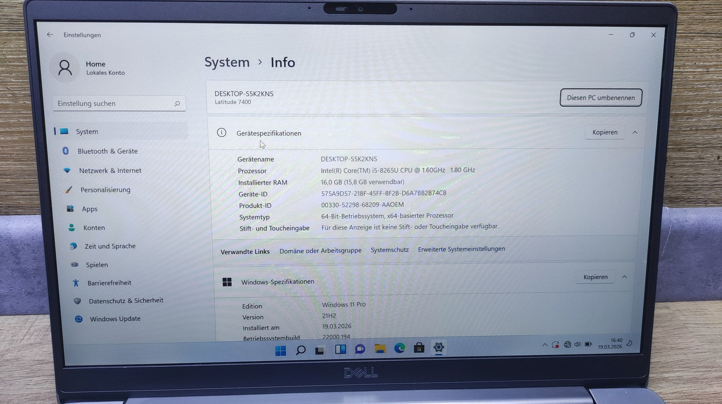 Dell Latitude 7400 Notebook 14" FHD i5-8265U 16GB 256GB Thunderbolt USB-C WiFi
