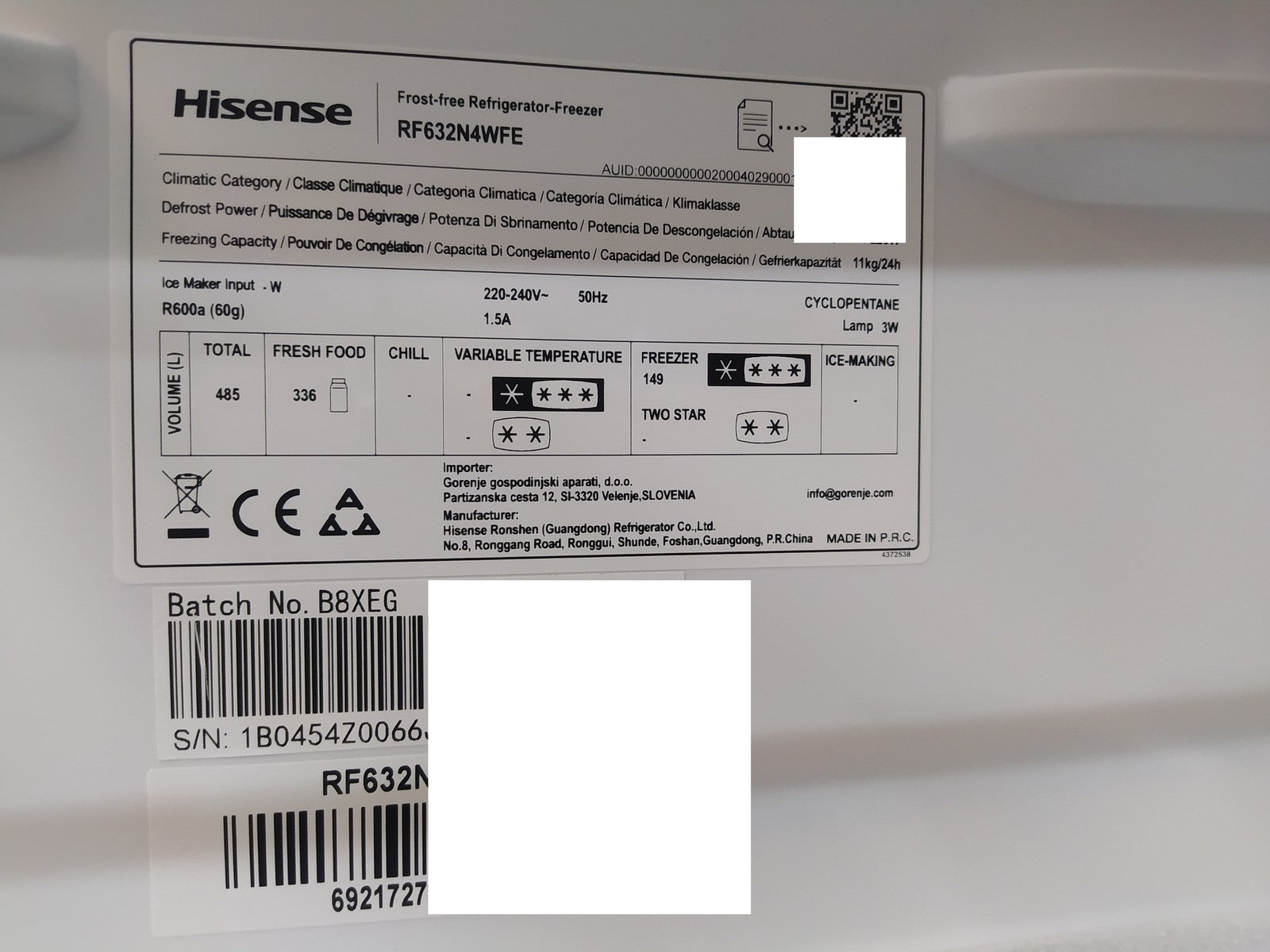 Hisense RF632N4WFE Kühlschrank Freistehend French Door 485L NoFrost I37999