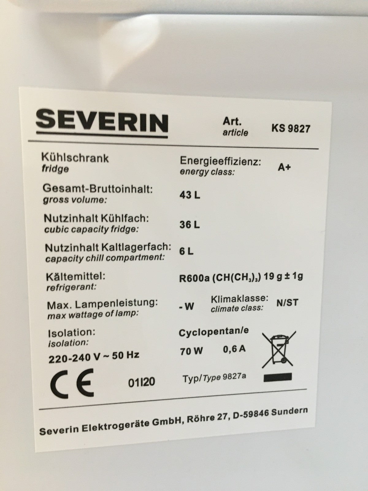 Severin KS 9827 Mini Kühlschrank, 42L, I39348