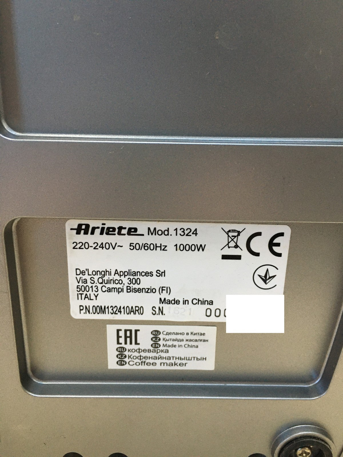 Ariete 1324/10 Kaffeemaschine, 1000W, Edelstahl, I35743