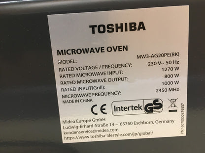 Toshiba MW3-AG20PE(BK) Mikrowelle mit Grill 20L 3-in-1 800W, Grill 1000W, I38989