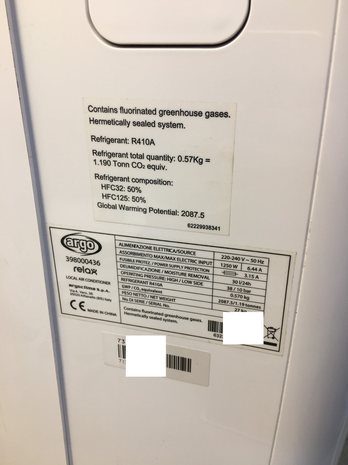 ARGO Relax 398000436 Mobiles Klimagerät 10000 Btu/h EEK: A 2.5kW, I39369