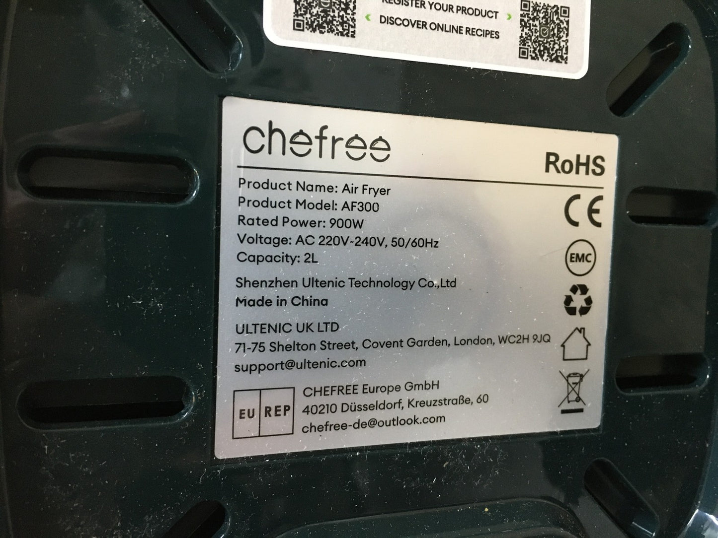 Chefree AF300 Heißluftfritteuse 2L, 900W, Energiesparend, I39684