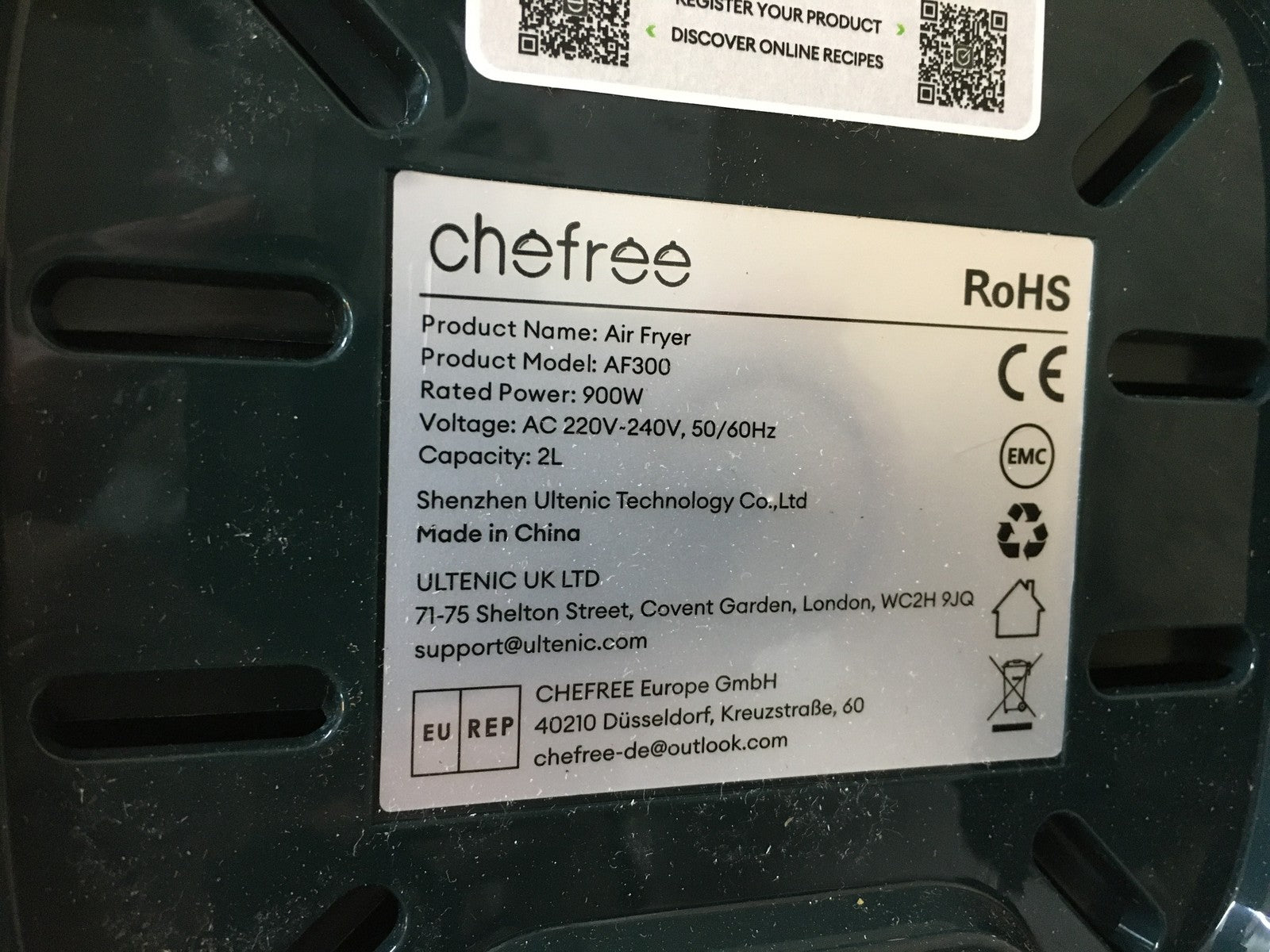 Chefree AF300 Heißluftfritteuse 2L, 900W, Energiesparend, I39684