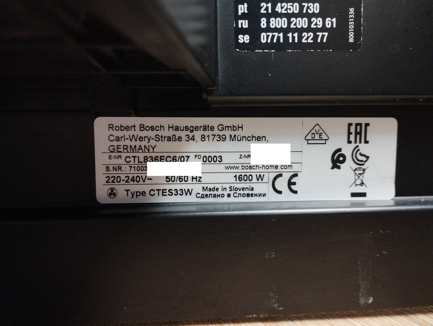 Bosch CTL836EC6 Einbau-Kaffeevollautomat, 1600W, I39519