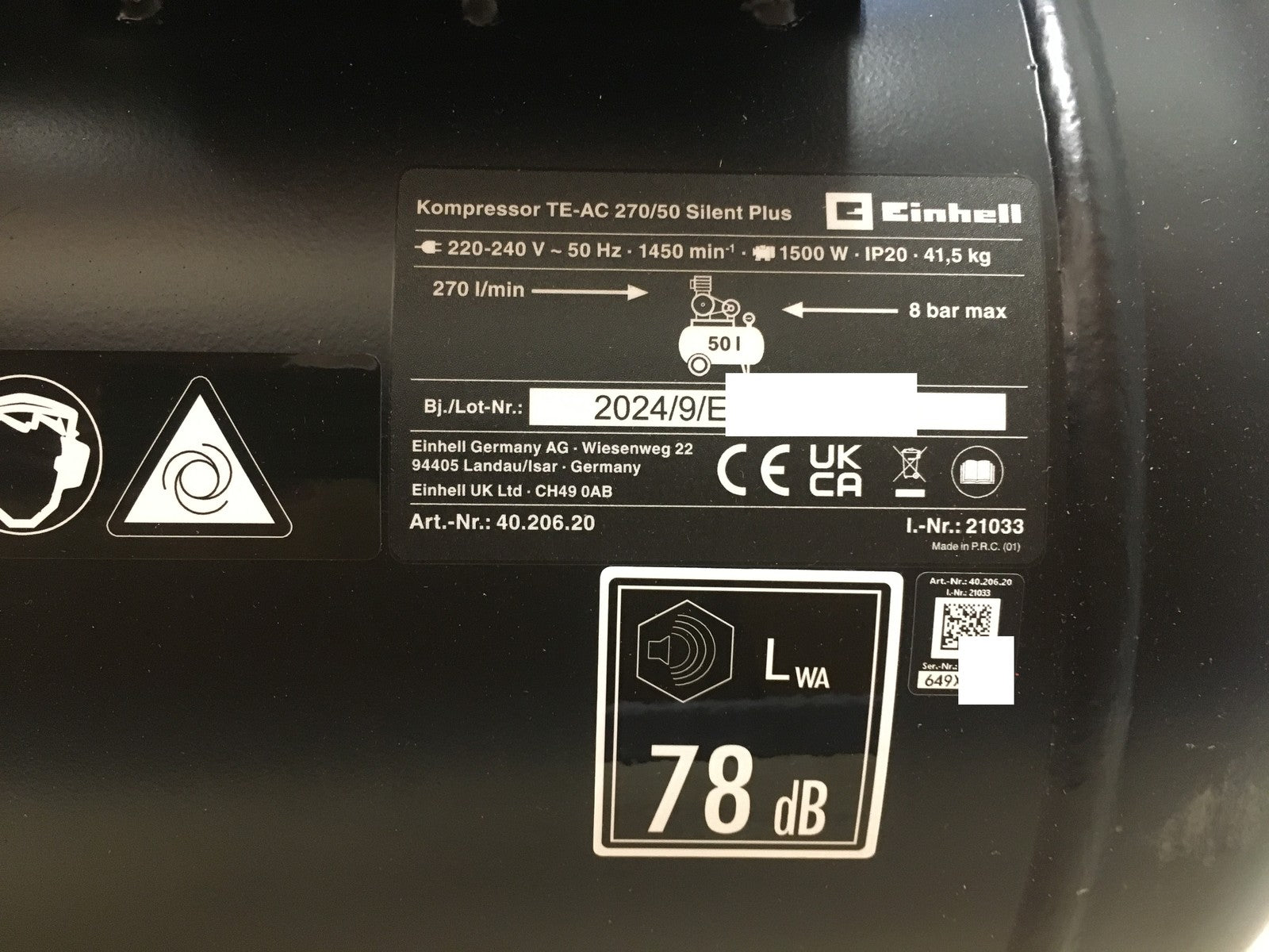 Einhell Kompressor TE-AC 270/50 Silent Plus (4020620) 1.500 W, 50 L Tank, I38980