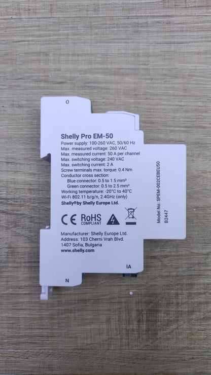 Shelly Pro EM-50 WiFi Relais Stromzähler 2x 50A mit 2 Klemmen, I41065