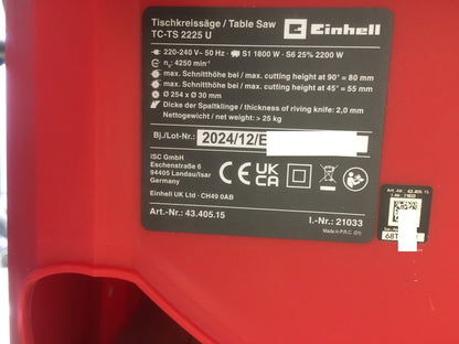 Einhell TC-TS 2225 U Elektro-Tischkreissäge 2200W inkl. Untergestell, I37626